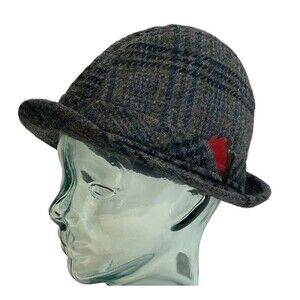 RoGavinGer Ireland Mens Fedora‎ Hat Sz 7-3/8 Wool Tweed Gray Plaid with Feather